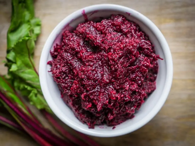 Overhead shot of Beet Horseradish in a white bowl