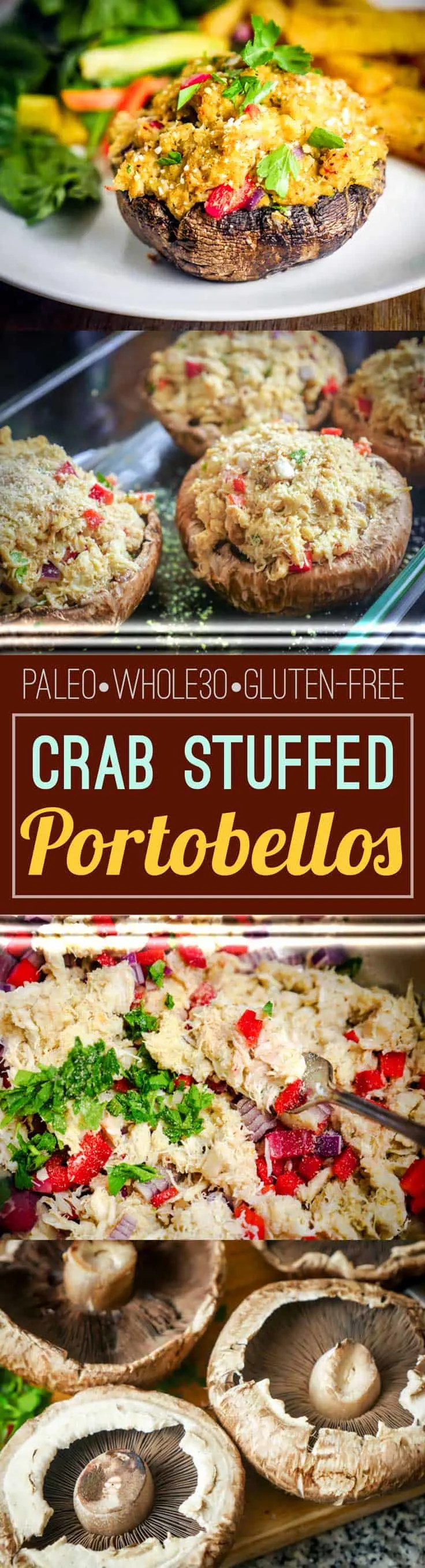 These easy Crab Stuffed Portobellos make the perfect weeknight meal! Paleo, Whole30, and Gluten-free.