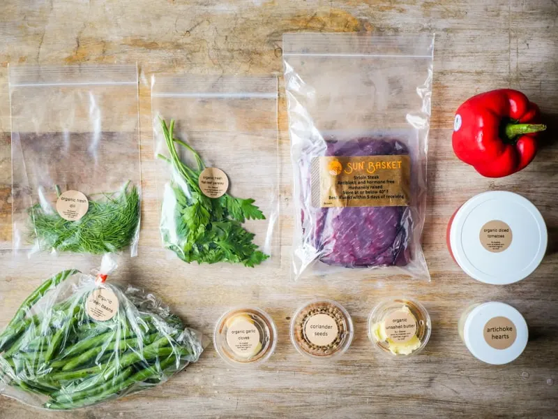 Sun Basket Steaks with artichoke butter and summer vegetables