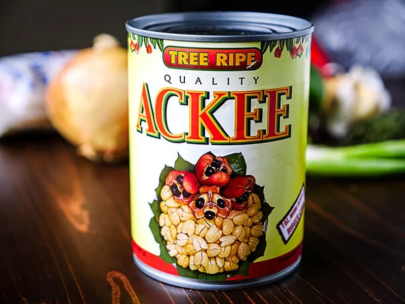Close up of a can of ackee.