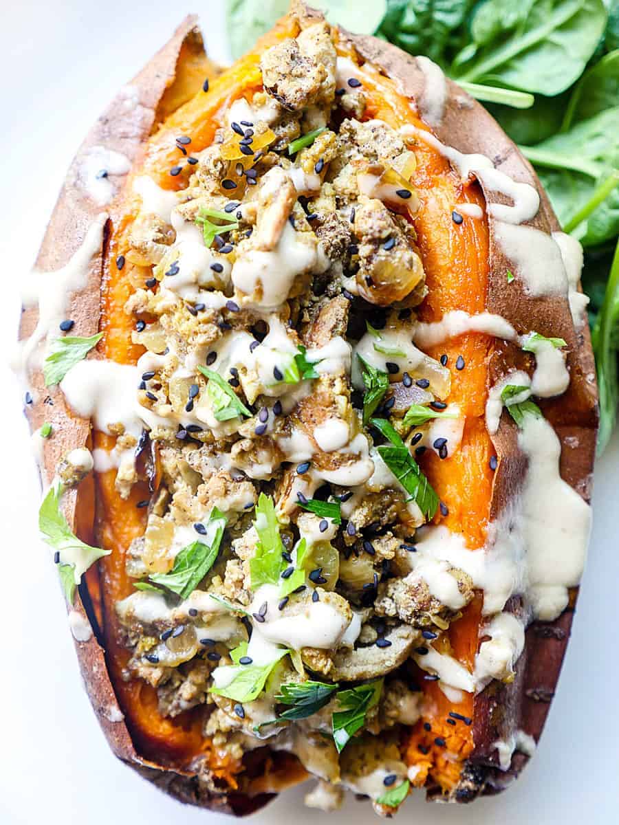 Healthy Ground Turkey Stuffed Sweet Potatoes with Tahini The