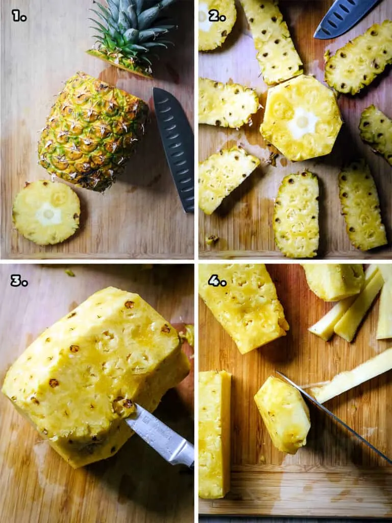 4-part image demonstrating how to slice a pineapple.